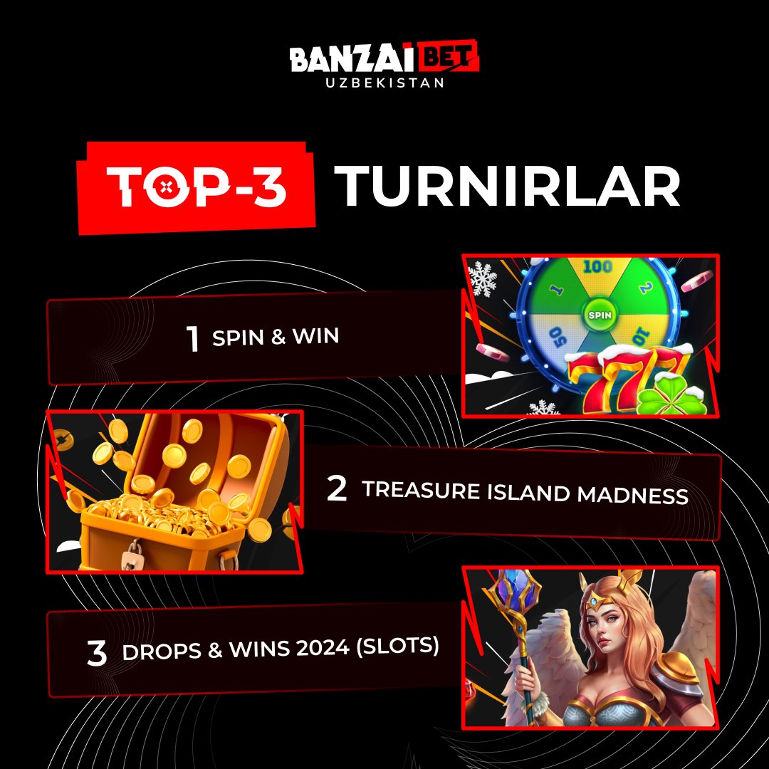 BanzaiBet_uzb's tweet photo. BanzaiBet’da Top-3 turnirni qo’lga kiriting:

💰 Spin&amp;Win — 5 000 000 EUR
💰 Treasure Island Madness — 250 000 EUR
💰 Drops&amp;Wins 2024 (Slotlar) — 10 000 000 EUR

Havoladagi saytga o’ting va o’zingizning yutug’ingizni toping🔥

#SaifAliKhan #Gaza #ceasefire #Uzbekistan #Palestine https://t.co/DldPW48NKP