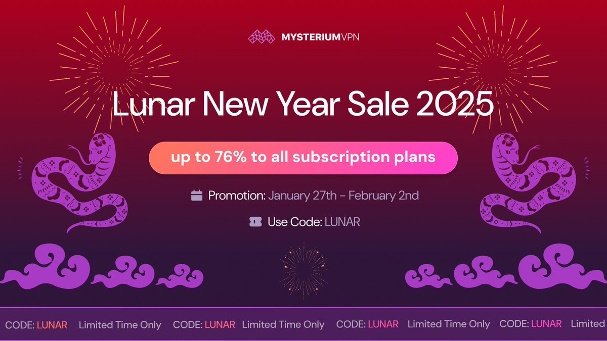 ✨Good fortune and great savings—celebrate Lunar New Year with up to 76% off Mysterium VPN!✨
mysteriumvpn.com/chinese-new-ye…