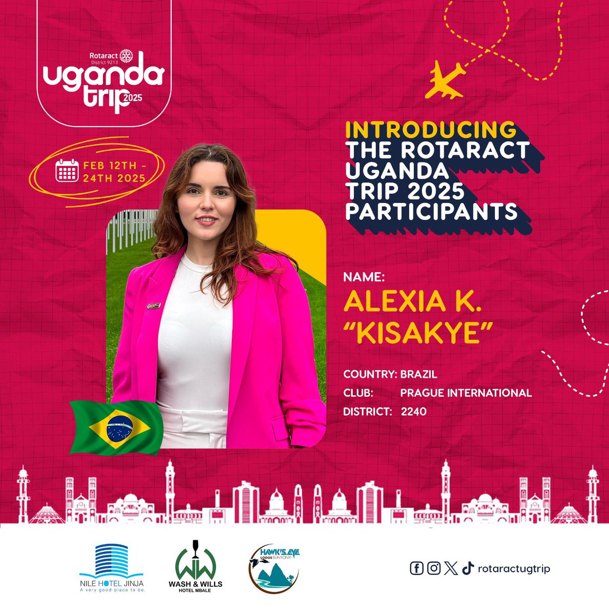 RotaractUGTrip's tweet photo. Excited to announce the participants of the 2025 #RotaractUgandaTrip! 🎉 
From Feb 12-24, they’ll explore Uganda’s beauty, engage in community projects, and build global connections.

Participant #1: Alexia “Kisakye” from Brazil 🇧🇷. Welcome to Uganda, Alexia! 🇺🇬 https://t.co/Iiu69VWhlq