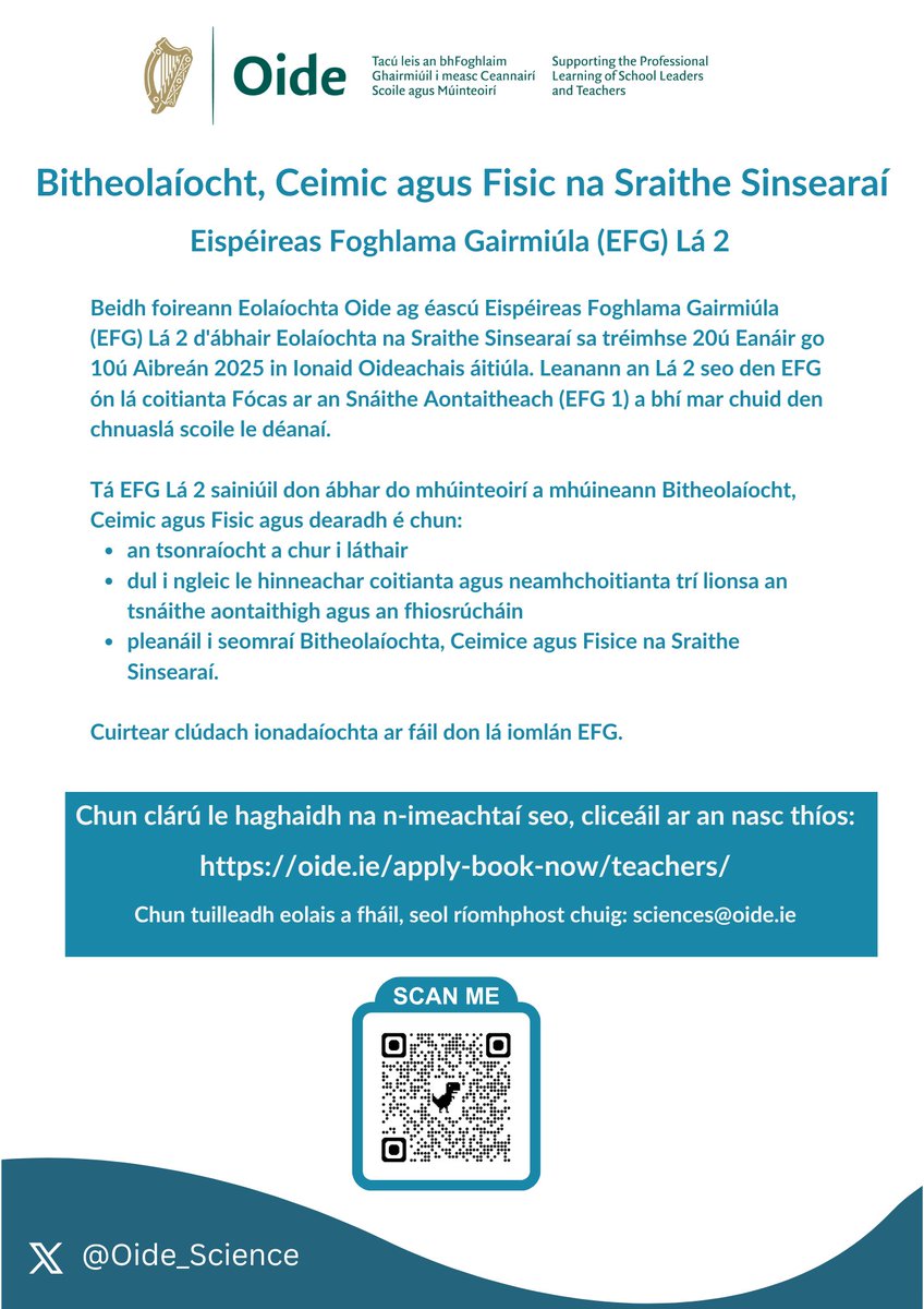 **Tábhachtach** Tá clárú do Lá 2 PLE sa Bhitheolaíocht, sa Cheimic agus san Fhisic oscailte anois. Chun clárú téigh chuig an nasc seo dms.oide.ie/event/public agus bain úsáid a an fheidhm chuardaigh chun d’ábhar agus do shuíomh ábhartha a aimsiú. Sonraí thíos 👇