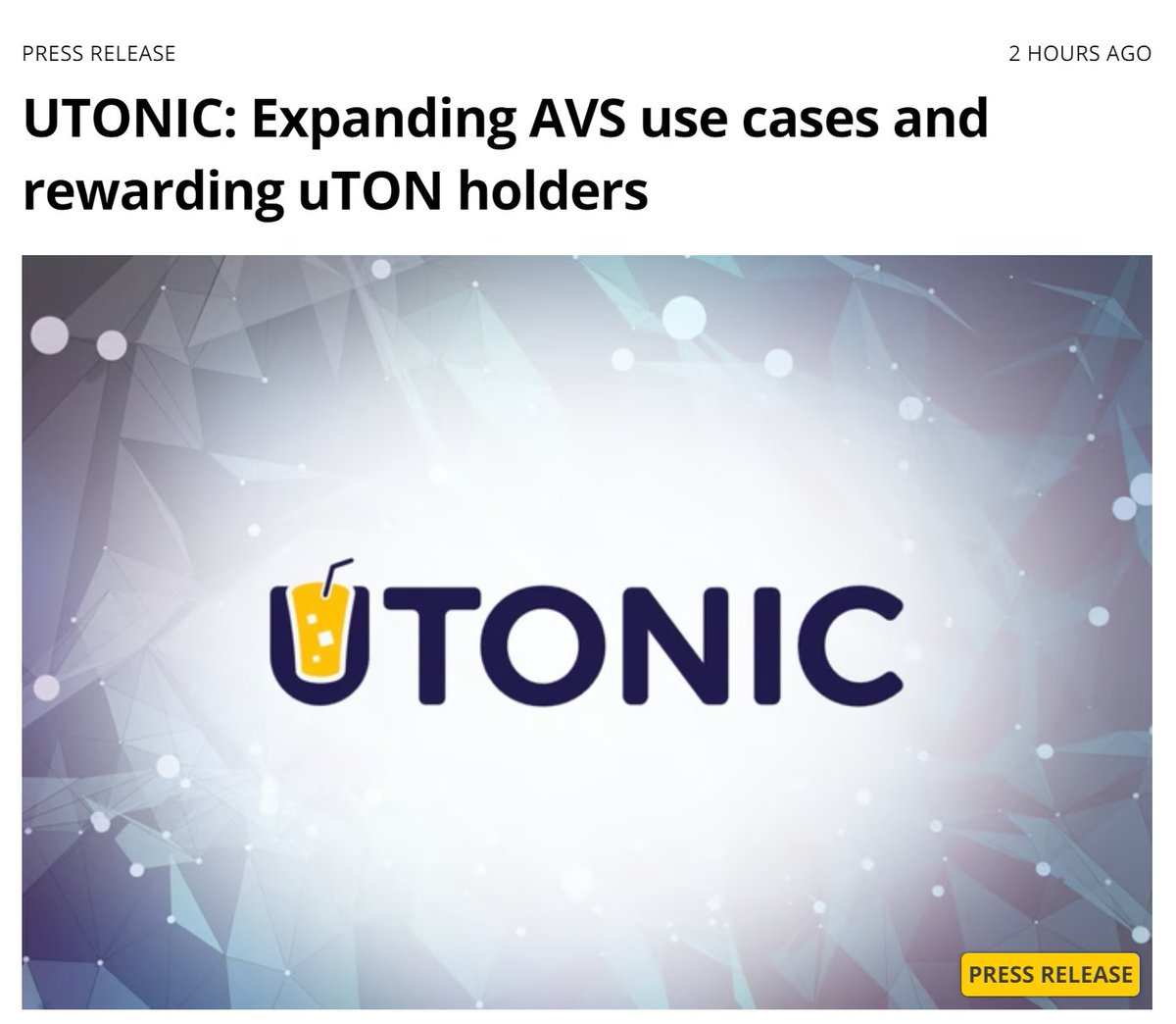 🔥 Latest Press Release: UTONIC AVS Expansion!

Read how we're revolutionizing TON DeFi with AVS partnerships and enhanced rewards for $uTON holders.

Full story: cointelegraph.com/press-releases…