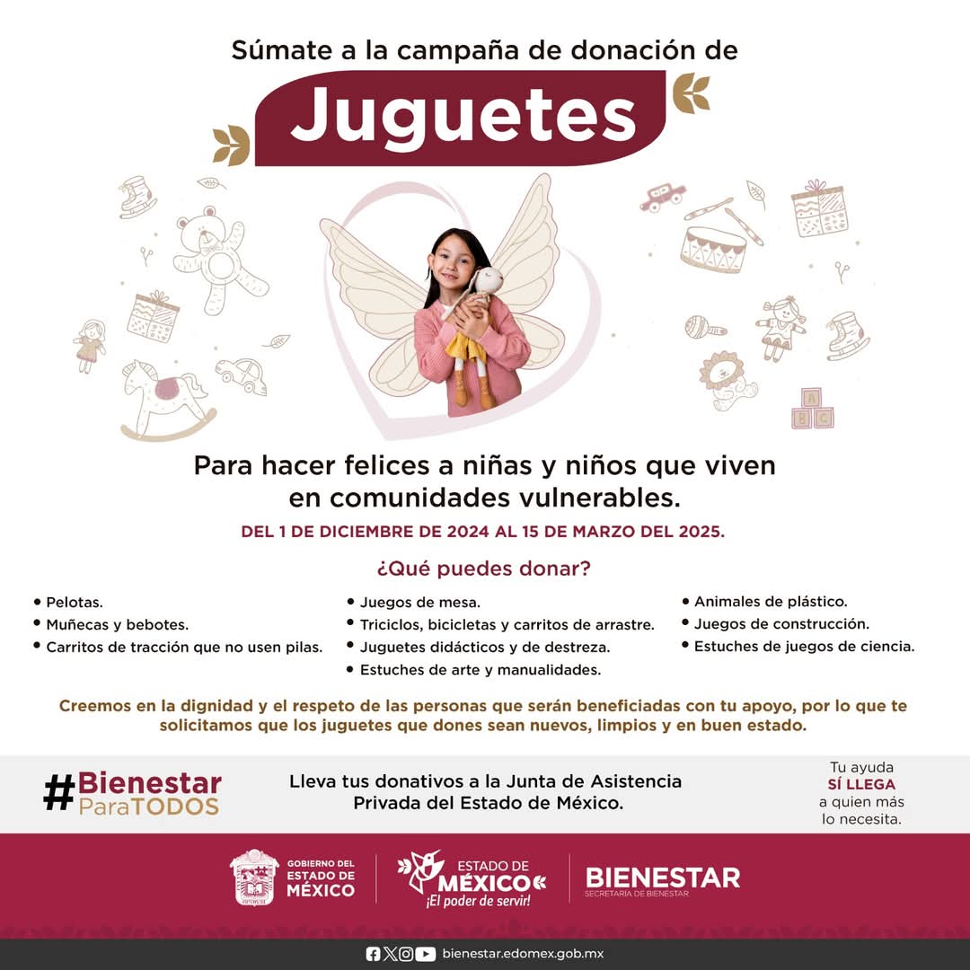 Súmate a la campaña de donación de juguetes y hagamos felices a niños en comunidades vulnerables.

📍 Lleva tus donativos a la Junta de Asistencia Privada del Estado de México. Hasta el 15 de marzo. 

¡Deben ser nuevos, limpios y en buen estado!

#Tlalnepantla
#NuestraCiudad