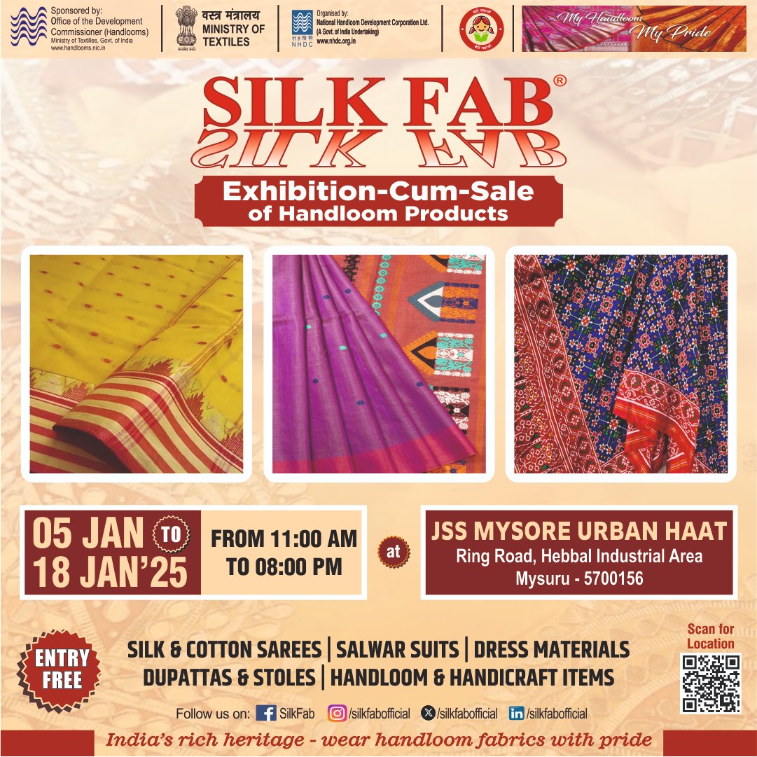 silkfabofficial's tweet photo. Celebrate the Art of Handloom at Silk Fab!

Discover a stunning collection of silk & cotton sarees, salwar suits, dupattas, stoles, and more at the Exhibition-Cum-Sale of Handloom Products.

📍 Location: JSS Mysore Urban Haat, Ring Road, Hebbal Industrial Area, Mysuru - 5700156
📅 Dates: 5th Jan - 18th Jan 2025
⏰ Timings: 11:00 AM - 8:00 PM
🎟️ Entry: FREE

#SilkFab #HandloomHeritage #KanchipuramSarees #IndianTradition #MysuruEvents #CraftsmanshipWithPride #HandloomHeritage #SupportArtisans #CraftedWithLove #mysore