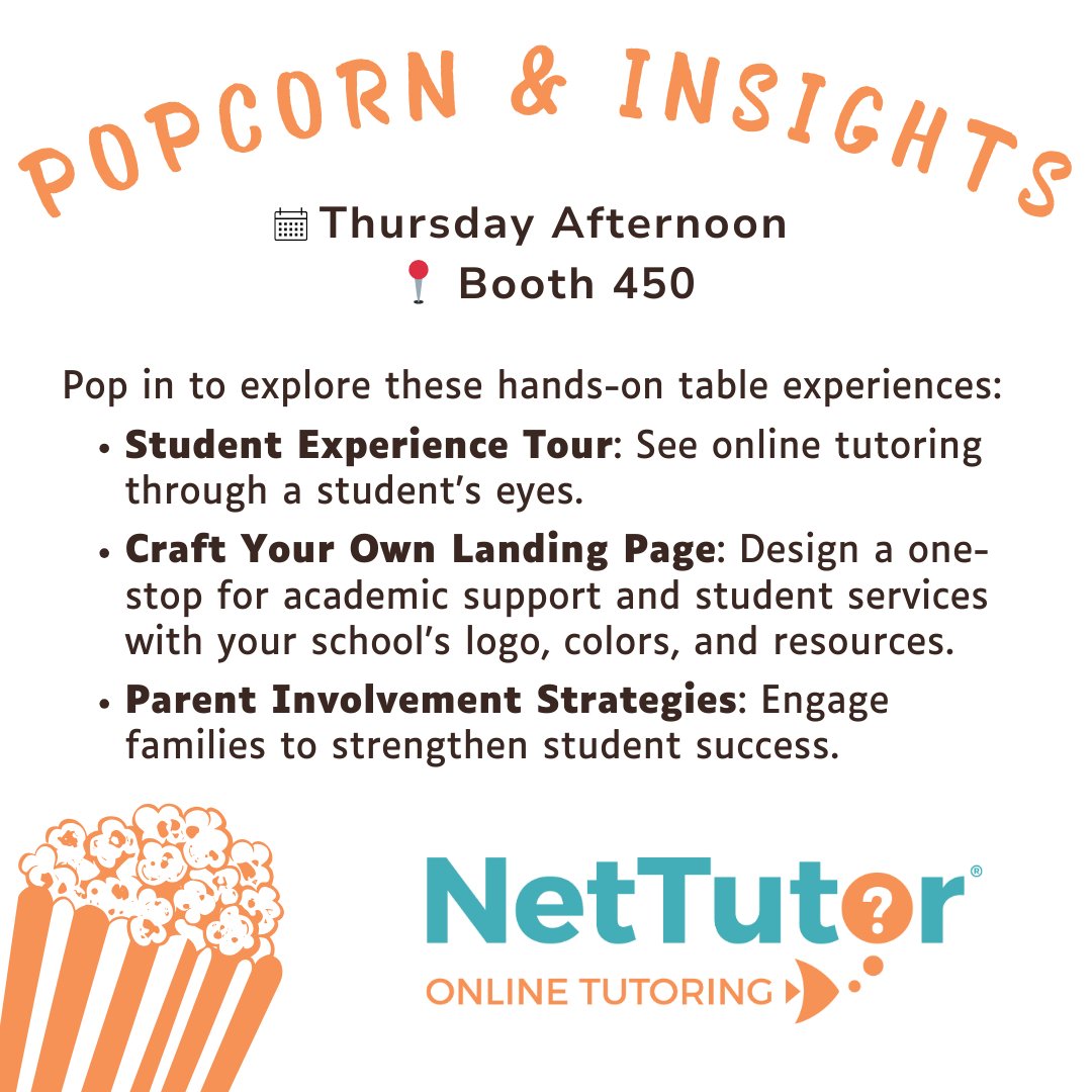 lsi_edu's tweet photo. 🍿 Pop Into Online Success at FETC! Join us at Booth 450 this afternoon for popcorn and an Interactive Discovery Session on transforming academic support. #FETC2025 #EdTech #OnlineTutoring https://t.co/WdJihvrMC6