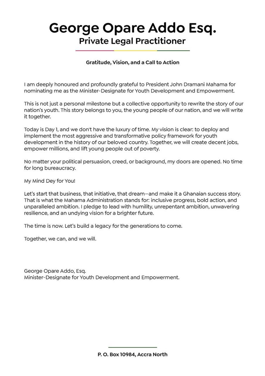 Pablo is grateful and honoured to H.E John Mahama for nominating him as the minister designate for Youth Development and Empowerment. #PabloWillDeliver #ChangeIsHere