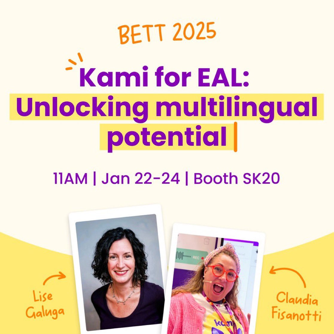 NicoleRennieZA's tweet photo. Don't miss these incredible ladies, presenting at the @Kamiapp booth at @Bett_show next week ⭐️⭐️
@laproffisa | @lisegaluga 💜 💜
#kamihero #kamiherotrainer #EAL #languagesupport https://t.co/9Ju434GNQB