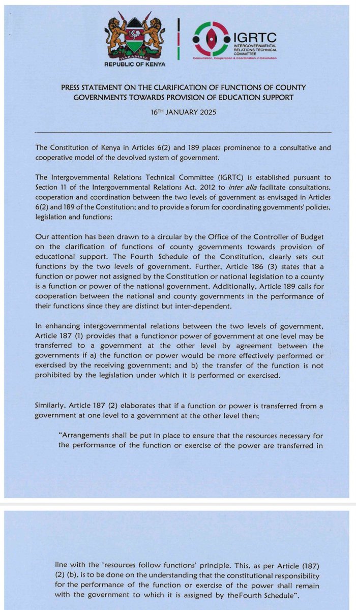 IGRTC_KE's tweet photo. PRESS RELEASE: On 16th January 2025, IGRTC issued a statement clarifying the role of county governments in the provision of education support.
@CoB_Kenya https://t.co/rxxcJpHlw5