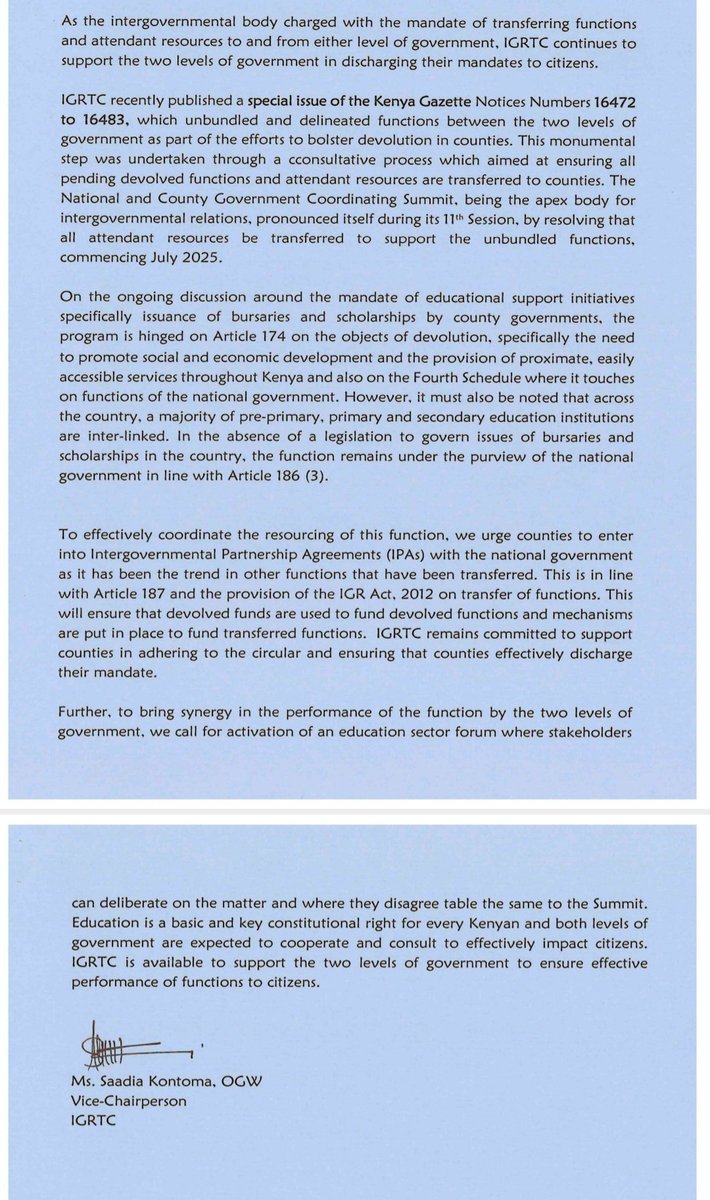 IGRTC_KE's tweet photo. PRESS RELEASE: On 16th January 2025, IGRTC issued a statement clarifying the role of county governments in the provision of education support.
@CoB_Kenya https://t.co/rxxcJpHlw5