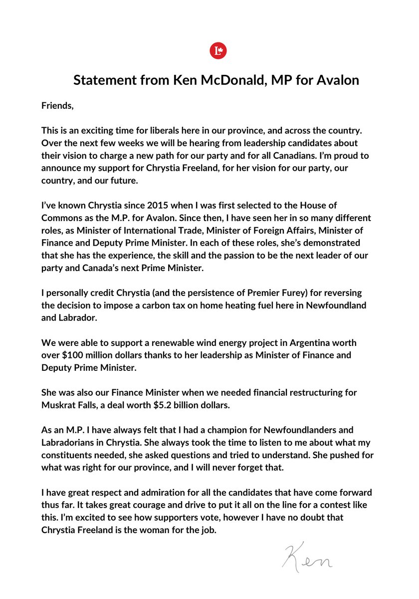 Proud to support Chrystia Freeland in her bid to become the next leader of the Liberal Party of Canada and Canada’s next Prime Minister 🇨🇦