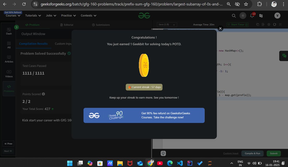 varshhtwt's tweet image. Day 57 of #gfg160
Problem❓: Longest subarray of sum 0&apos;s and 1&apos;s
Approach✅: Using hashmap and prefixsum,
same as yesterday&apos;s problem rather than 0 add -1 to prefixSum...

#geekstreak2025
#womeintech