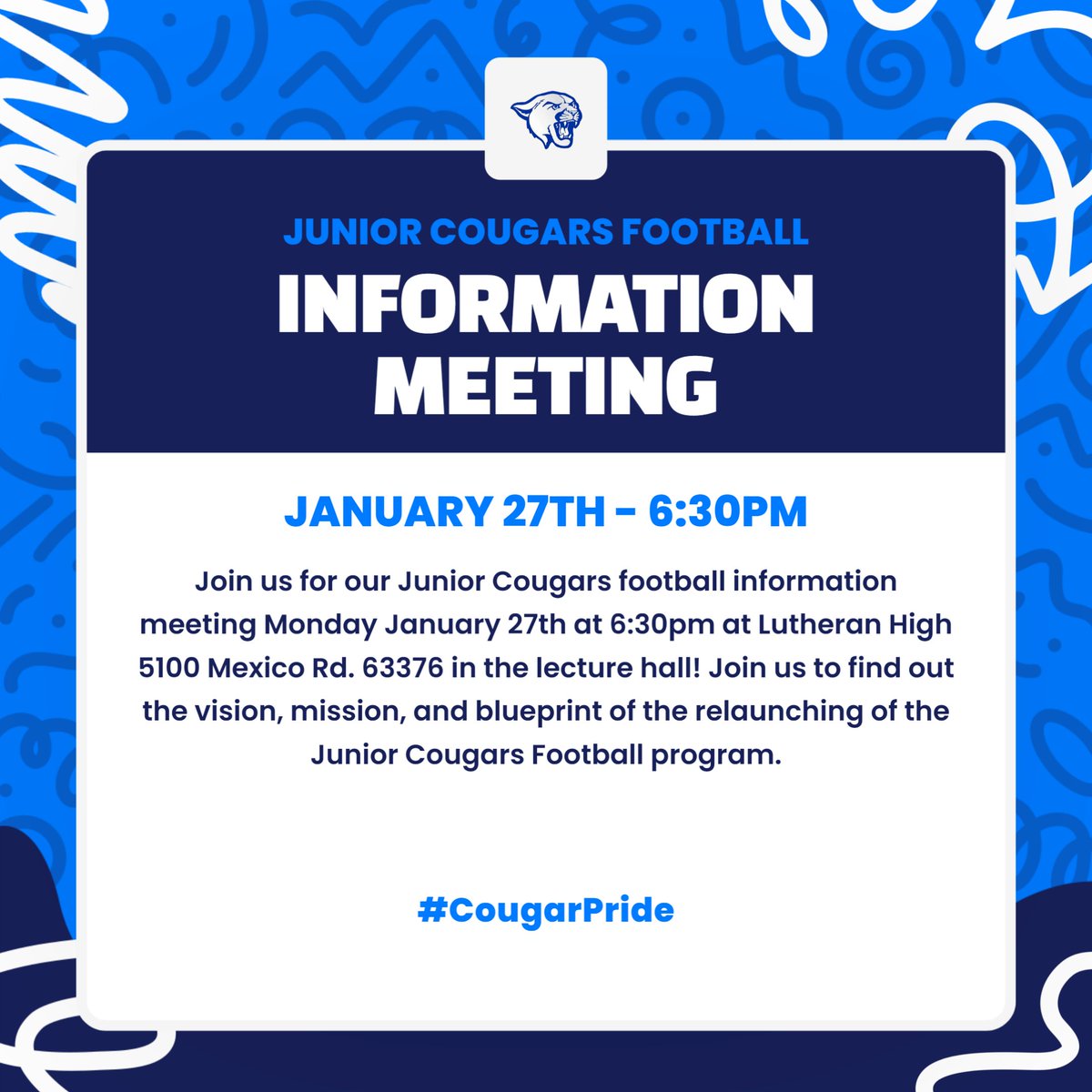 Lin Hart Jr aka Coach (@thecoach28) on Twitter photo Lutheran St Charles Jr Cougars Football Informational Meeting January 27th see details below: #CougarNation #cougarpride <a href="/thecoach28/">Lin Hart Jr aka Coach</a> Lutheran St Charles Jr Cougars Football Informational Meeting January 27th see details below: #CougarNation #cougarpride <a href="/thecoach28/">Lin Hart Jr aka Coach</a>