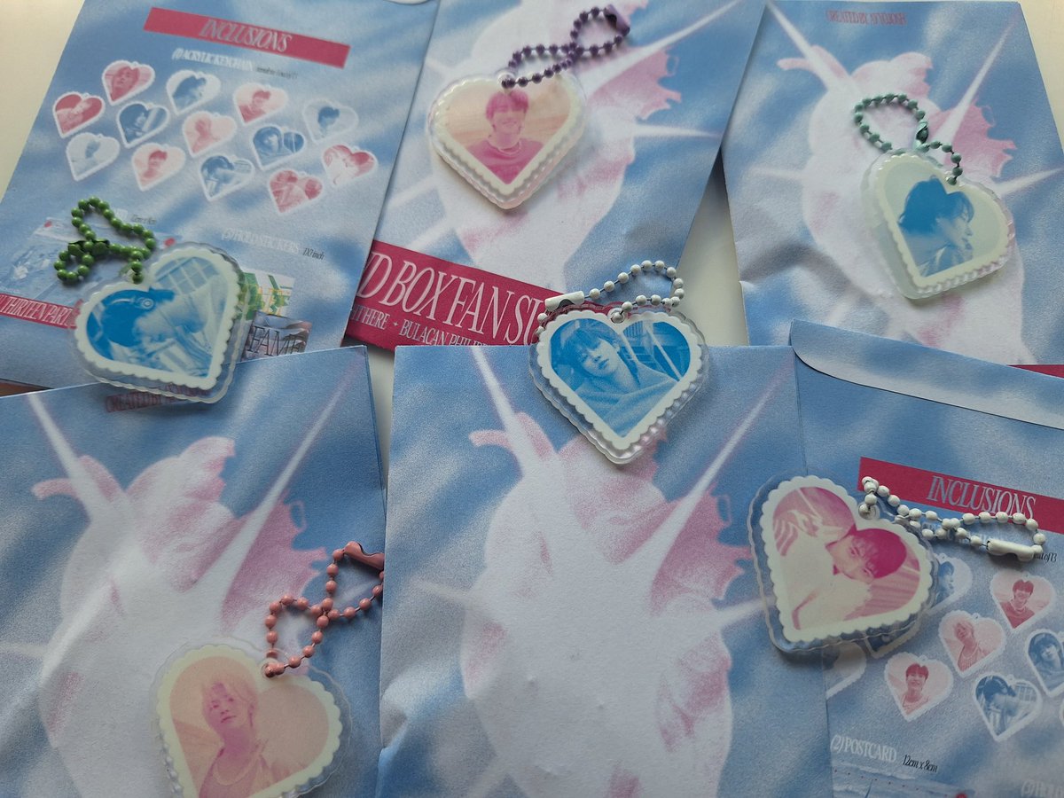 done packing + keychain preview ୭ ˚.

* note: keychains have a printing error (peep the white border huhu) due to miscomm w/ supplier hope yall will still love them :')

see u on sunday 💎