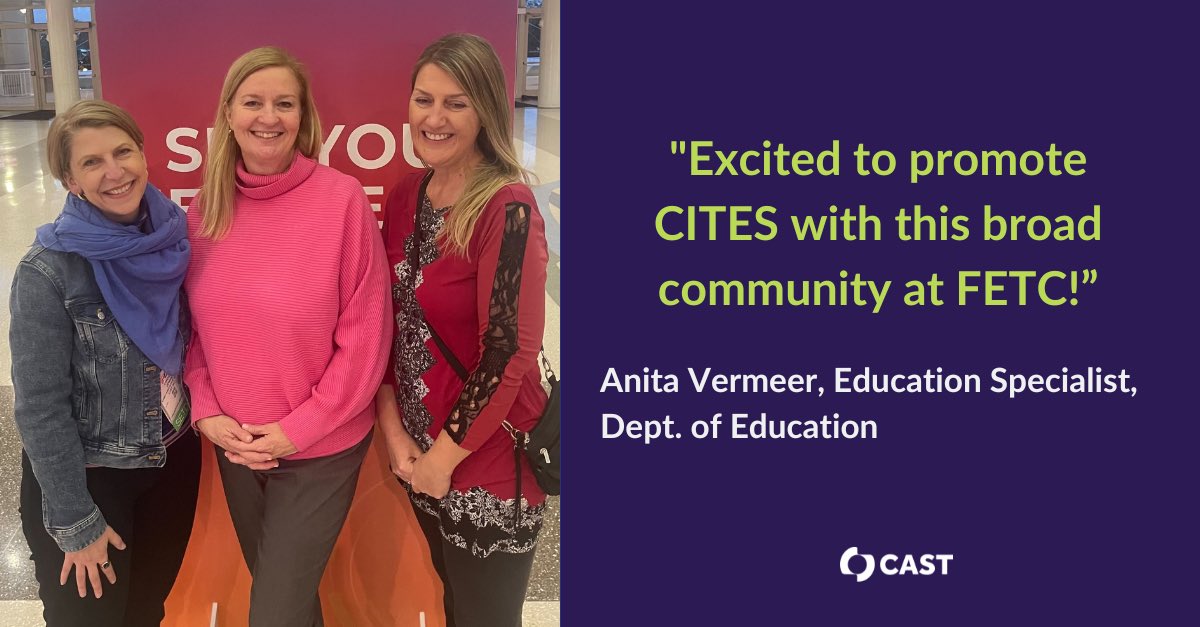 CAST_UDL's tweet photo. "Excited to promote CITES with this broad community at FETC!” - Anita Vermeer, Education Specialist, Dept. of Education

Thank you, Anita, for championing our CITES program and supporting its mission to empower school districts nationwide. Your leadership is helping us reimagine what’s possible for education! 

#FETC2025 #CITES #EdLeadership #EdInnovation