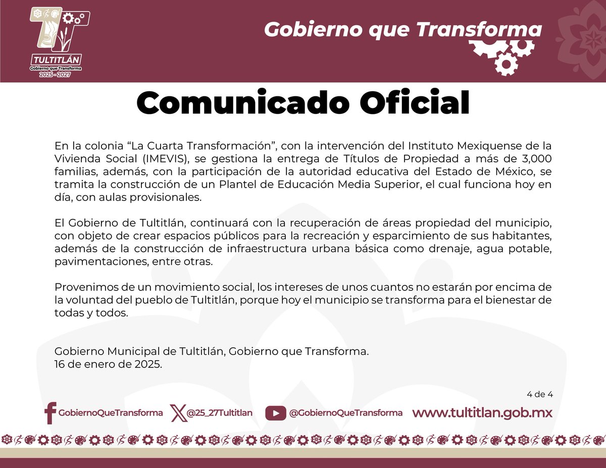 El Gobierno Municipal de Tultitlán, en el pleno ejercicio de sus facultades constitucionales, con estricto apego a la Ley y para la defensa legítima de las y los habitantes de la colonia “La Cuarta Transformación”, informa:

#GobiernoQueTransforma 
#ColoniaLaCuartaTransformación
