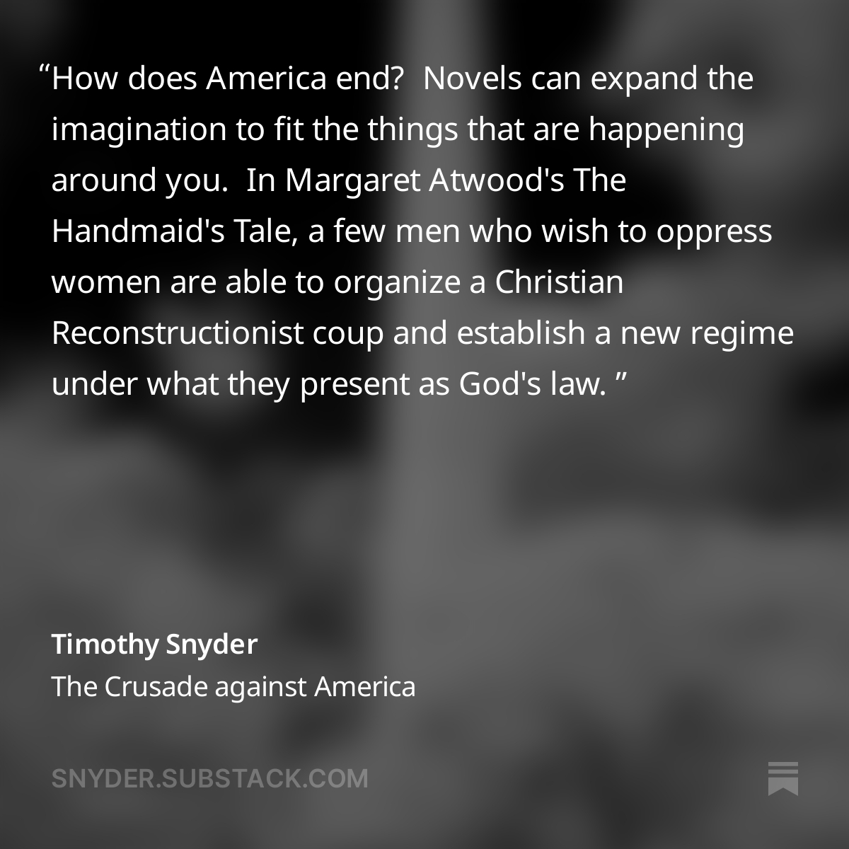 TimothyDSnyder's tweet photo. Hegseth lacks the normal qualifications for secretary of defense. His books reveal two ideas about what armed forces are for: a site to express Christian Reconstructionism and gender ideology; and a means to defeat other Americans inside America.
Full essay link in image below https://t.co/rneMaqnNC0