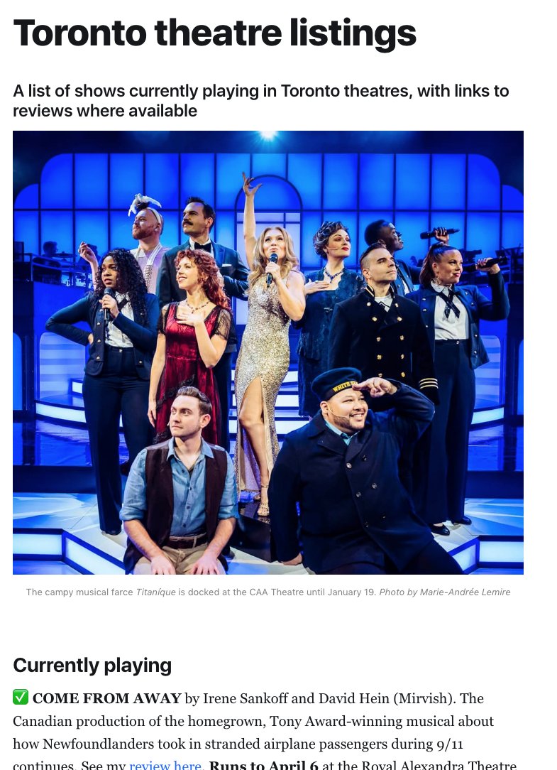 Good news. My free Theatre Listings section is now live again on my newsletter home page, with links to reviews and how to get tickets. I'll be adding to it as new listings come in. But feel free to bookmark this page. 

goaheadsumi.com/toronto-theatr…