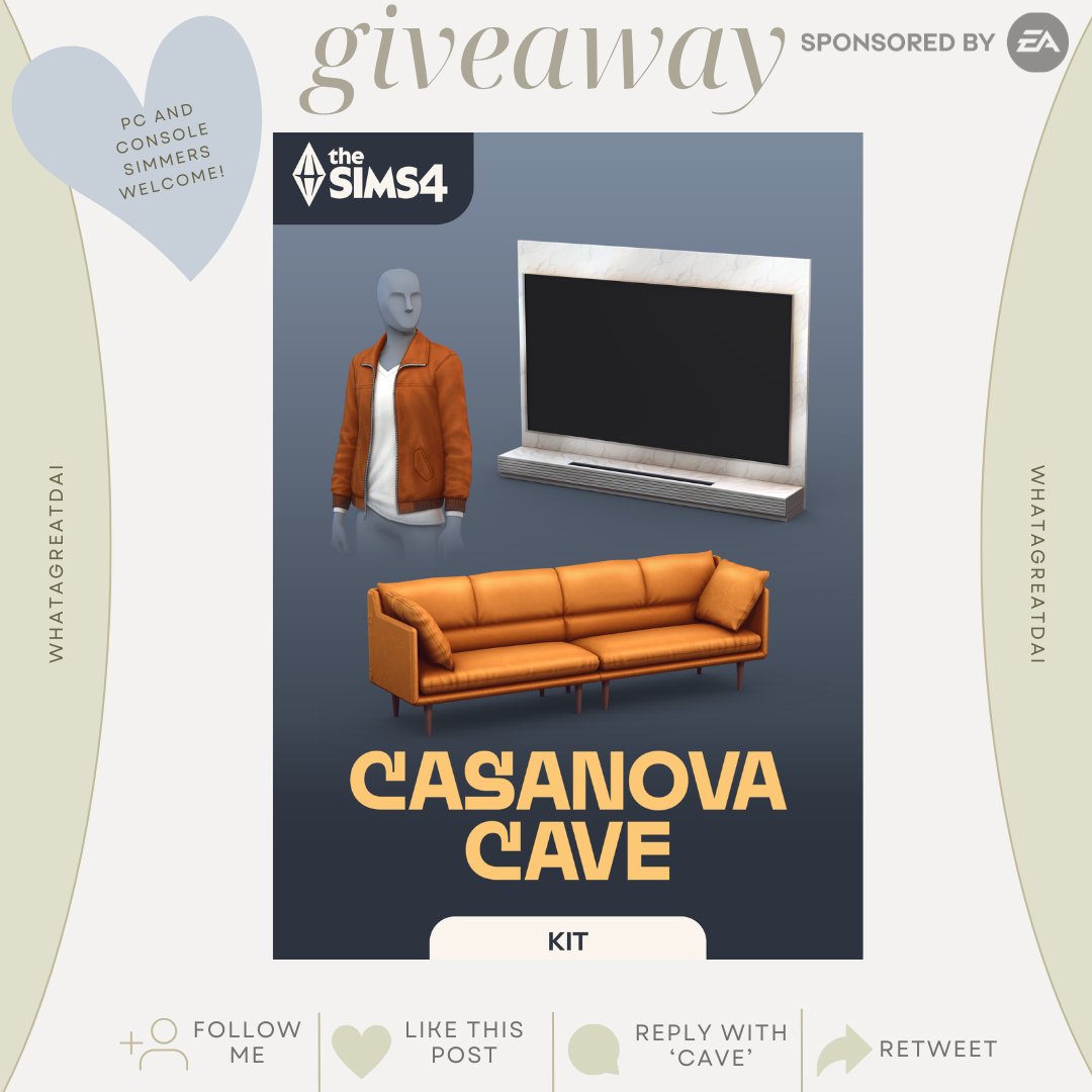 #SponsoredByEA

(CONSOLE AND EA APP USERS WELCOME)

🤳📺🕺 Kit Giveaway 🕺📺🤳

Thank you to the #EACreatorNetwork for providing me with a code to #TheSims4CasanovaCaveKit!

If you'd like to enter:
🤳 Follow Me
📺 Like + Retweet This Post
🕺 Reply with 'Cave' (QRTs are NOT valid
