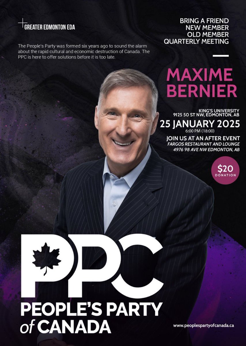 MaximeBernier's tweet photo. Join me and PPC supporters at the Greater Edmonton EDA Quarterly Meeting on Saturday, January 25th! https://t.co/1aci5MS7QA