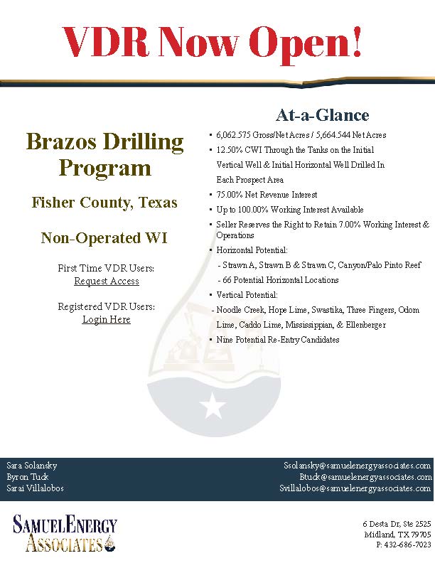 samuel_energy's tweet photo. VDR NOW OPEN: Non-Op Working Interest (Eastern Shelf of Permian Basin)

Contact Sara Solansky or Sarai Villalobos for more information.

Samuel Energy Associates, LLC
Midland, TX 79705
432-686-7023
https://t.co/silvwK9832

#drillbabydrill #permianbasin #oilandgas #nonopwi https://t.co/J5FdKdG5Yc