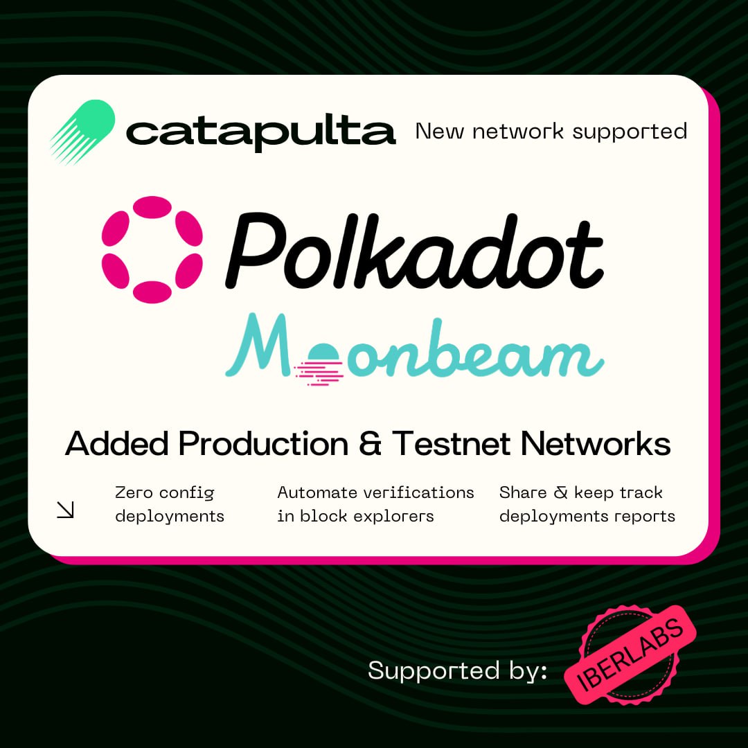 🌟Big news!
<a href="/iberlabs/">Iberlabs</a> is thrilled to announce the integration of <a href="/MoonbeamNetwork/">Moonbeam</a> into <a href="/catapulta_sh/">catapulta</a>, the next gen platform simplifying smart contract deployment and management for Web3 dev's. This milestone amplifies the potential of the <a href="/Polkadot/">Polkadot</a> ecosystem. Let’s dive in! 👇🧵