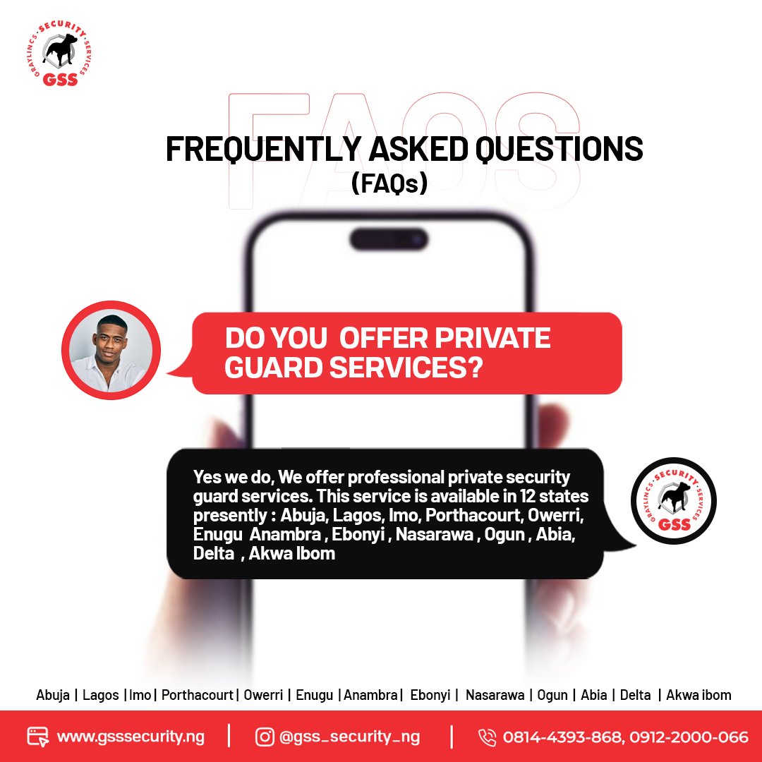 gss_security_ng's tweet photo. Here are answers to some of the most frequently asked questions we get about our security services.🔐
Your security is our top priority.
Need security services ? We are just a call away.
Contact Us 08144393868,
Visit us at: www.gsssecurity
#Gsssecurity #faq #security https://t.co/usYSoEKiiF