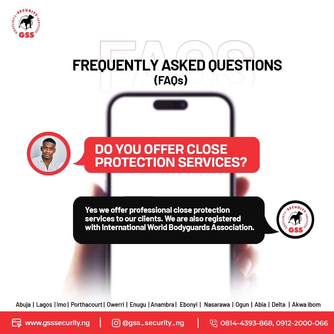 gss_security_ng's tweet photo. Here are answers to some of the most frequently asked questions we get about our security services.🔐
Your security is our top priority.
Need security services ? We are just a call away.
Contact Us 08144393868,
Visit us at: www.gsssecurity
#Gsssecurity #faq #security https://t.co/usYSoEKiiF