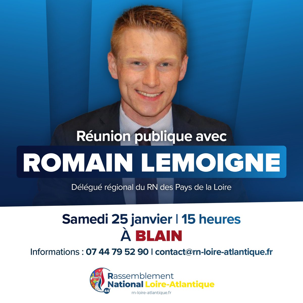 JulioPichon_'s tweet photo. Le @Rnational44 organise la traditionnelle galette des rois! Et nous avons l’honneur de recevoir le Délégué Régional @romain_lemoigne.
N’hésitez pas à vous inscrire.
#circo4406 #blain https://t.co/OjEYO1QNQh