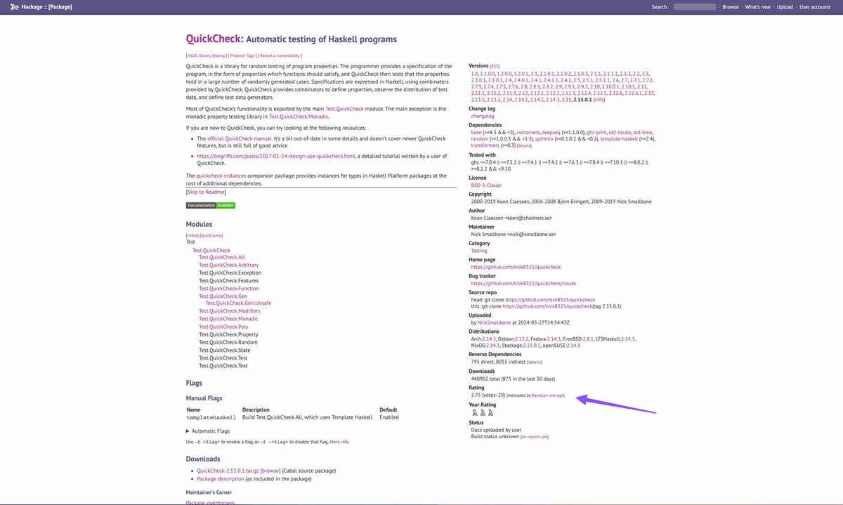 it's quite telling that the haskell package archive has a 3 lambda rating system — with popular packages having less than 40 votes

pip and npm could never