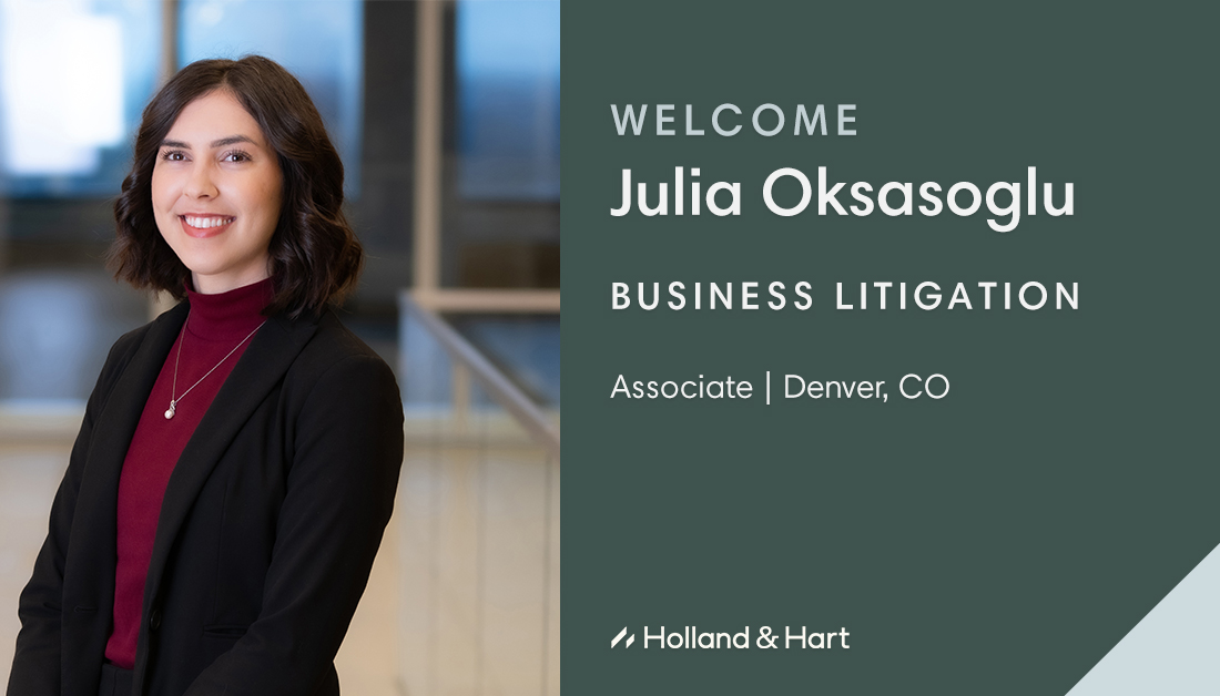 HollandHart's tweet image. We are thrilled to welcome litigator Julia Oksasoglu as an associate in Denver. When disputes arise, Julia helps clients find solutions that align with their business needs and objectives. Meet Julia: hollandhart.com/joksasoglu
#BusinessLitigation