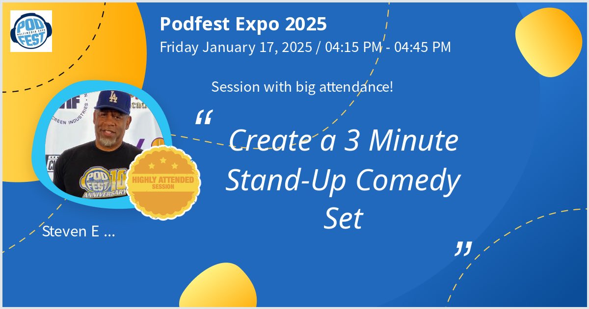 StevenKimbrough's tweet photo. I will give a talk at Podfest Expo 2025 on Create a 3 Minute Stand-Up Comedy Set. Hoping for a great turnout!  - via #Whova event app https://t.co/a3PKw03ybG