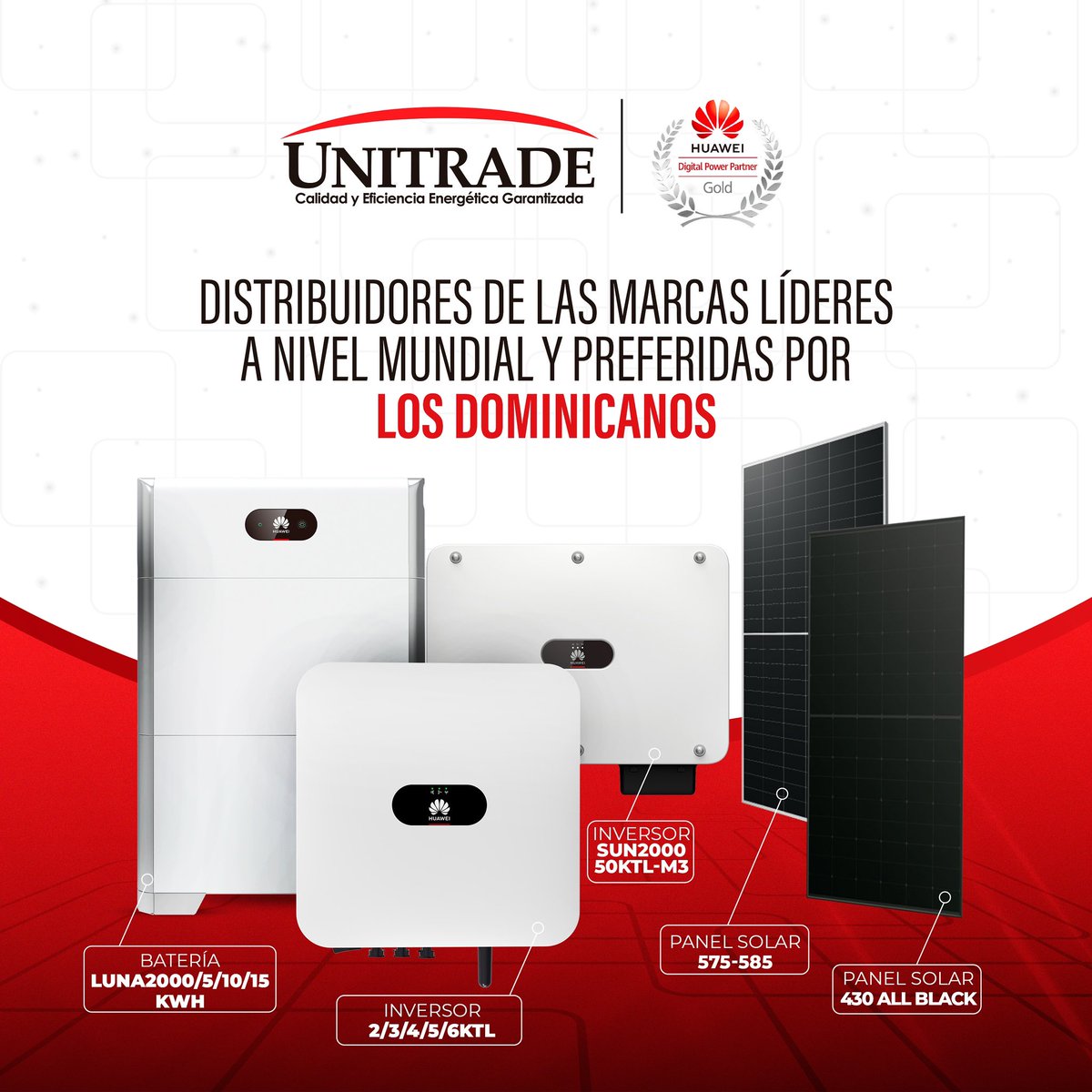 unitraderd's tweet photo. Ayudamos a revolucionar el futuro de la energía renovable con la tecnología Huawei.🌎⚡️

En Unitrade, calidad y eficiencia energética garantizada.

#HuaweiSolar #EnergíaRenovable #InversoresHuawei #FusionSolar #EficienciaEnergetica https://t.co/lRi8h67QCl