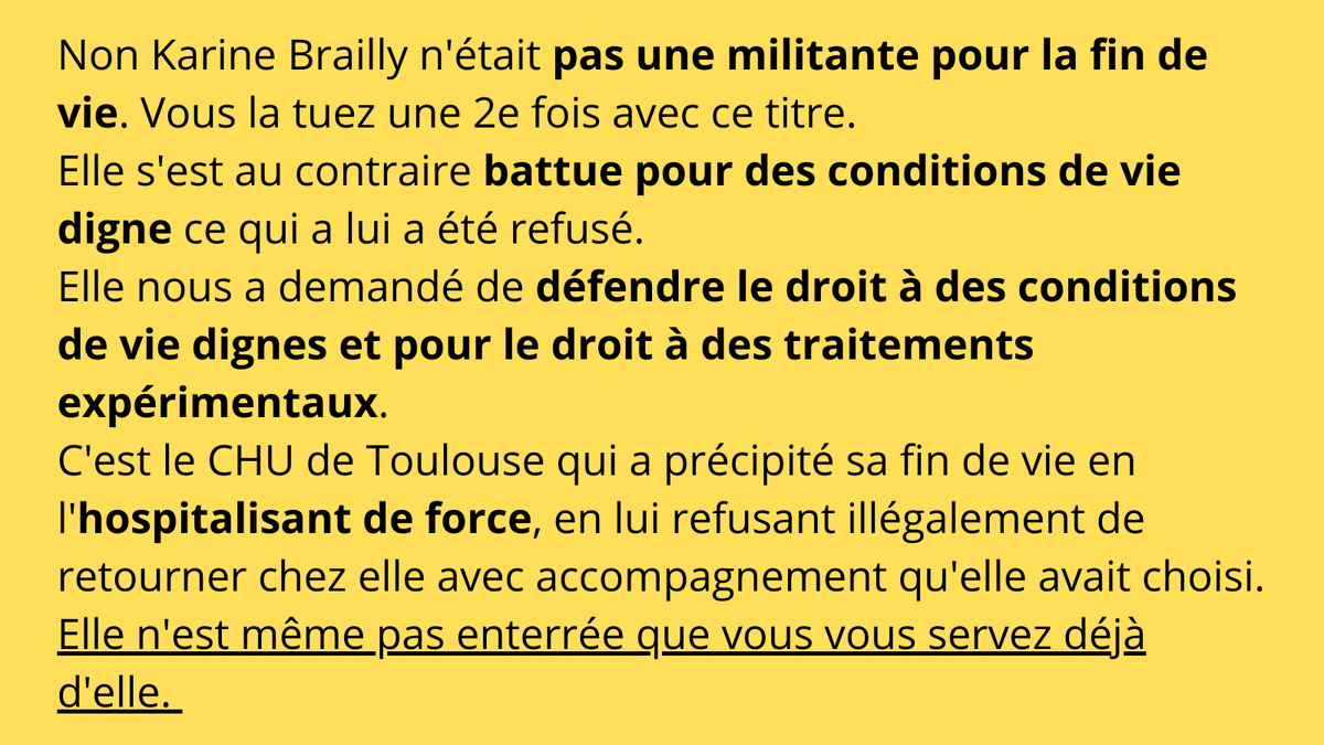 Odile MAURIN (@odile31) on Twitter photo Titre putaclic <a href="/le_Parisien/">Le Parisien</a> C'est pour des conditions de vie dignes qu'elle se battait, pas pour une loi fin de vie qui va s'attaquer aux personnes handicapées et nous éliminer comme au Canada Titre putaclic <a href="/le_Parisien/">Le Parisien</a> C'est pour des conditions de vie dignes qu'elle se battait, pas pour une loi fin de vie qui va s'attaquer aux personnes handicapées et nous éliminer comme au Canada