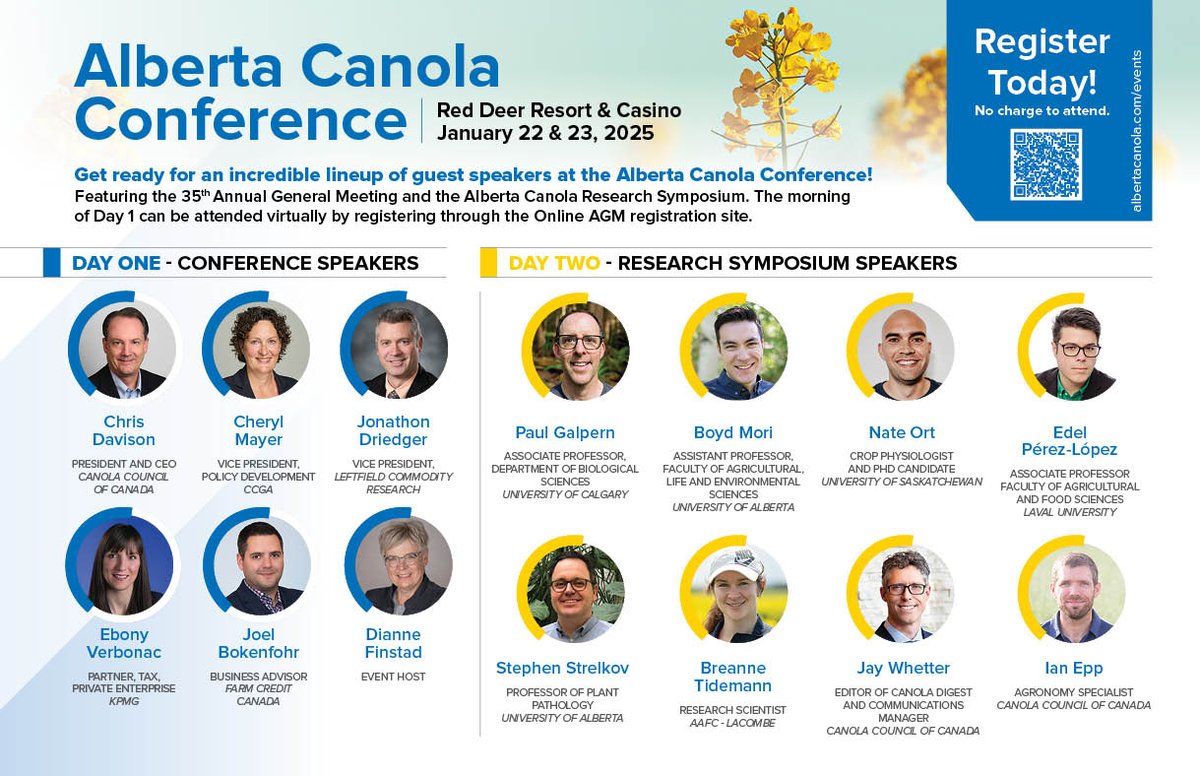 Canola farmers and agronomists! Join us to provide direct input into Alberta Canola's #research priorities and learn more about what researchers are working on. Register for the Alberta Canola Research Symposium on Jan. 23 in #RedDeer. No charge to attend. loom.ly/kvk8Gb0