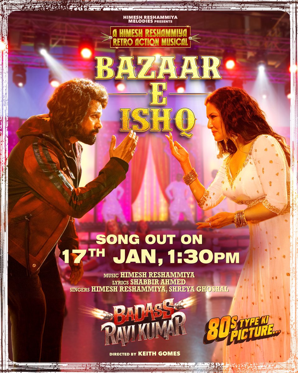 HimeshMelodies's tweet photo. Get ready to fall in love! 'Bazar E Ishq' sung by Himesh Reshammiya &amp; Shreya Ghoshal, lyrics by Shabbir Ahmed, featuring Himesh Reshammiya ,Sunny Leone, &amp; Simona will be out tomorrow at 1:30 PM ❤️

#BazarEIshq #HimeshReshammiya #ShreyaGhoshal #BadassRaviKumar #InCinemas7thFeb https://t.co/s88UBFw7id