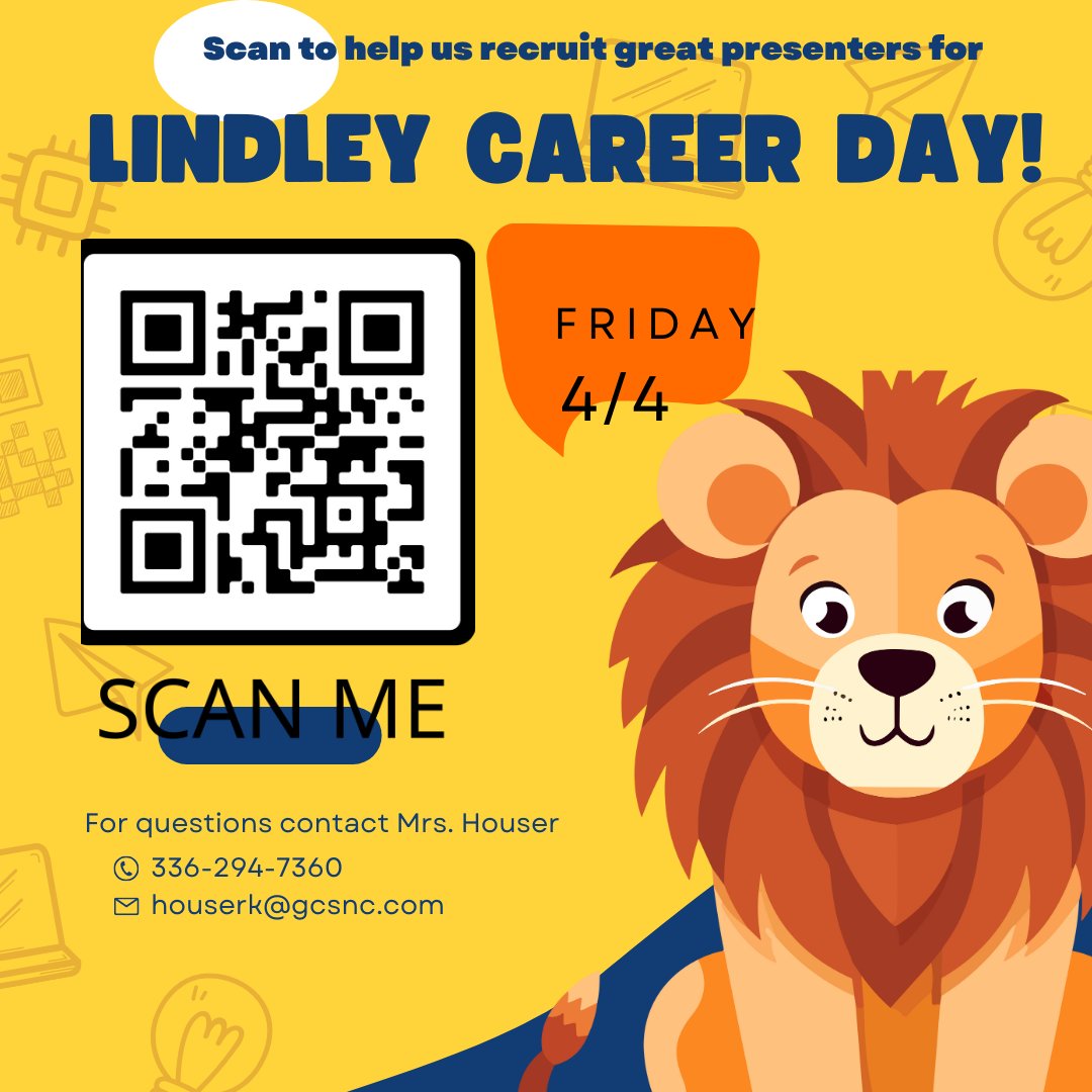 Lindley Elementary will be hosting a Career Day for our students this year!  If you know anyone that would be interested in being a presenter, please encourage them to complete this form and/or contact Mrs. Houser, our counselor (houserk@gcsnc.com) tinyurl.com/LindleyCareer