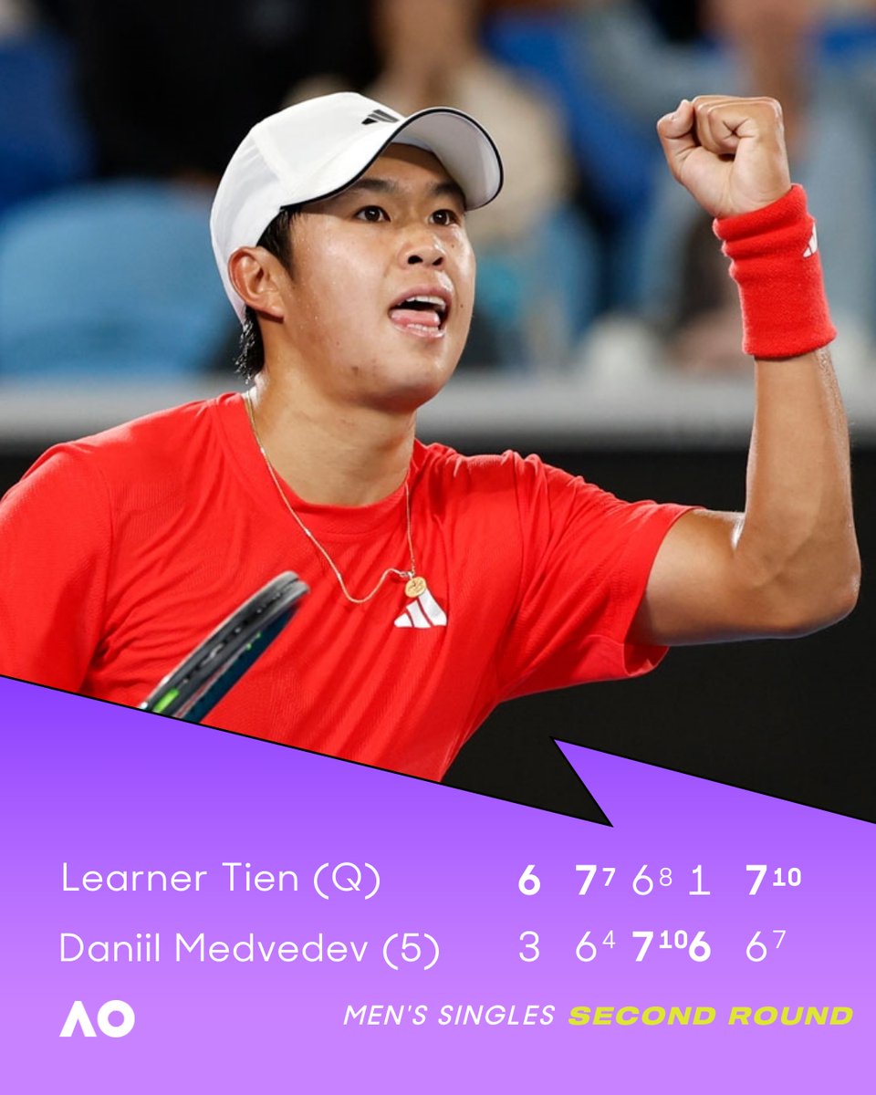 Learner becomes the teacher 📖

At 3:00am, 19-year-old qualifier Learner Tien stuns three-time finalist Medvedev!

#AusOpen • #AO2025