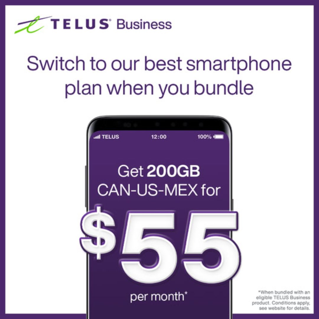 Switch today and save 47% on our best smartphone plan when bundled with an eligible business product. Get unlimited data, talk and text in Canada, U.S and Mexico for only $55/mo.*

Contact us to learn more: hubs.li/Q032QqBs0
*Prices and promotions are subject to change.
