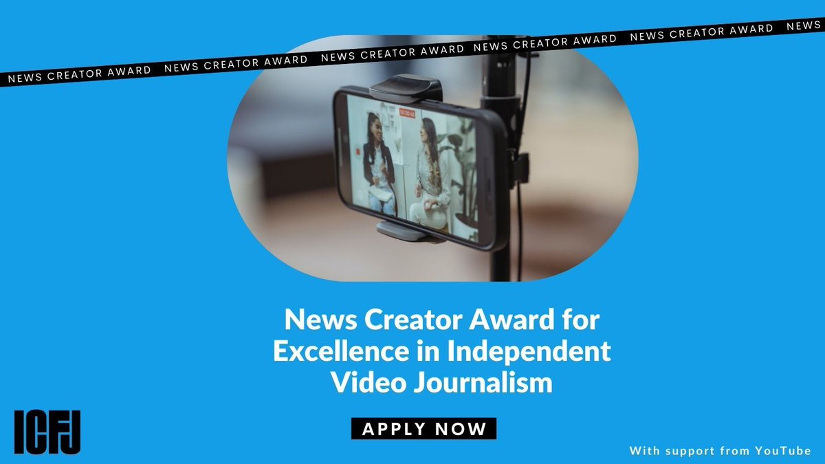 IJNet's tweet photo. Independent video journalists and news creators have until Friday to apply for @ICFJ’s news creator award. Entries should focus primarily on public interest news and adhere to journalistic standards of excellence. Eight winners will be selected. 
https://t.co/AmIJKH5oUo https://t.co/UvHOUuI3XL