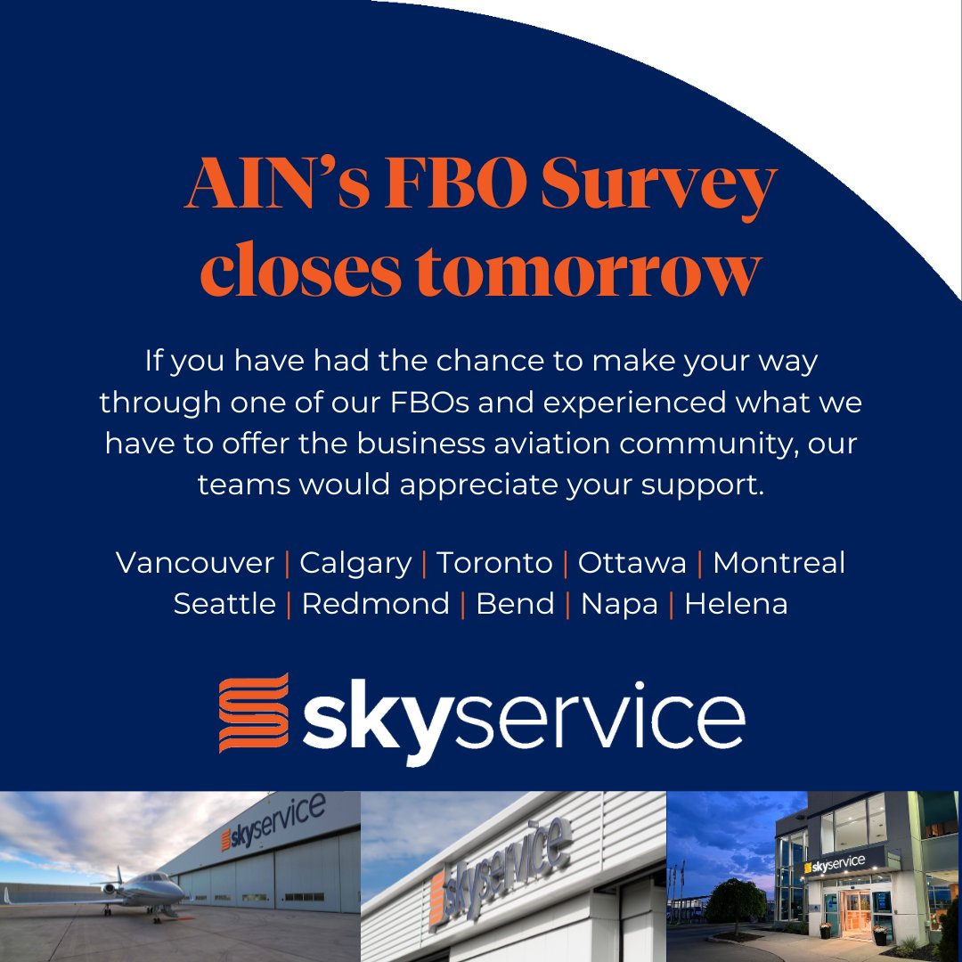This year's AIN FBO Survey is coming to a close. If you haven't cast your vote yet, now is your chance: hubs.li/Q032PxJS0

#AIN #FBOSurvey #BizAv
