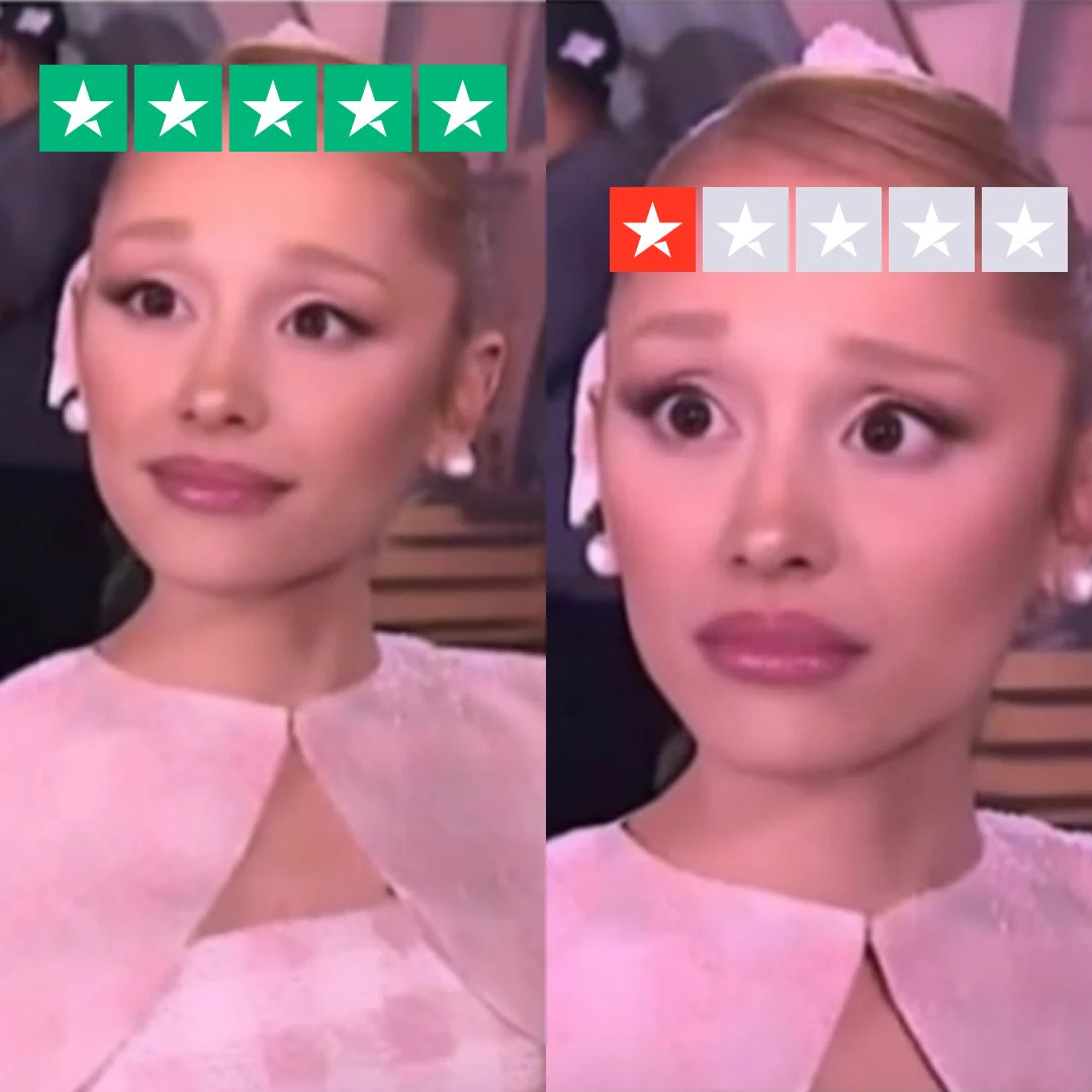 A meme featuring Ariana Grande. One image has a 5-star rating on Ariana's forehead and she is smiling. The second image has a 1-star rating on Ariana's forehead and she is frowning. 