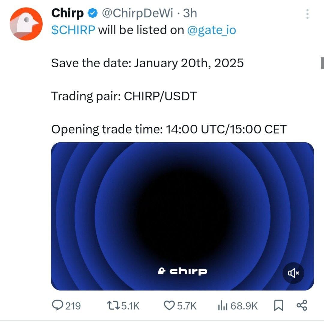 $CHIRP  Update 🚨 <a href="/ChirpDeWi/">Chirp</a>
✅ Listing 20 January 
✅ Exchange #gateio <a href="/gate_io/">Gate.io</a>
✅ Claim live  soon