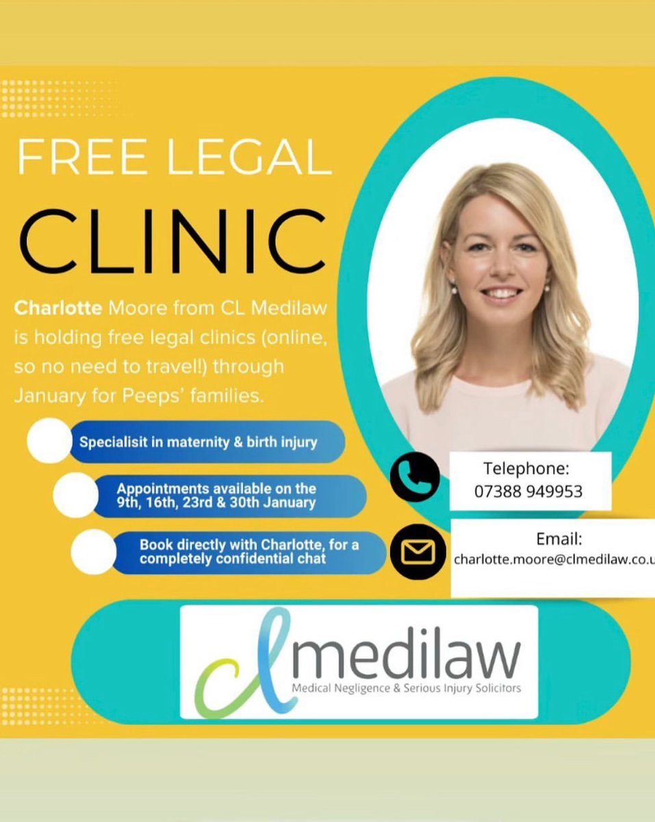CL Medilaw (@clmedilaw) on Twitter photo <a href="/CMooreSolicitor/">Charlotte Moore</a>, Partner is holding free virtual legal clinics for <a href="/PeepsHie/">@peeps-HIE</a> every Thursday this month.
Charlotte is a specialist maternity and birth injury solicitor working with families who have been affected by HIE.
#PeepsHIE #HIE #ClinicalNegligence #LegalClinic <a href="/CMooreSolicitor/">Charlotte Moore</a>, Partner is holding free virtual legal clinics for <a href="/PeepsHie/">@peeps-HIE</a> every Thursday this month.
Charlotte is a specialist maternity and birth injury solicitor working with families who have been affected by HIE.
#PeepsHIE #HIE #ClinicalNegligence #LegalClinic