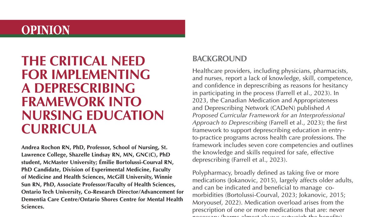 The Critical Need for #Deprescribing in Nursing Education: 

As key members of interprofessional health care teams, nurses can effectively support deprescribing through their role in medication management and evaluating medication effectiveness and appropriateness.

In a new
