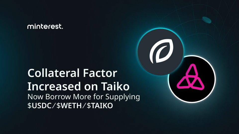 Minterest's tweet photo. 💥 Collateral Factor Increased on Taiko! 💥
Now you can borrow more against the same supply

🔥 Earn Rewards by:
💹 Supplying $USDC, $WETH, $TAIKO
📈 Borrowing $USDC, $WETH

🏆 Check your rankings & maximise your earnings

👉 Get started now: https://t.co/pqpMzRH56L