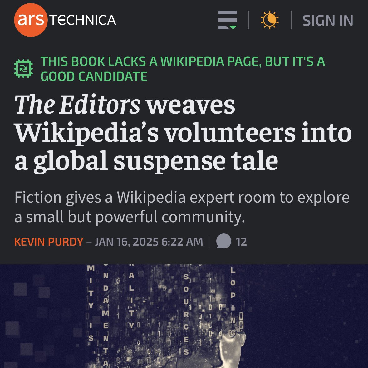 harrisonstephen's tweet photo. Interview with @arstechnica --

"Ars: So you felt it was better, more interesting, to explore Wikipedia editing this way, rather than, say, a non-fiction book about interesting editors?

Me: Absolutely. It's like War &amp; Peace on the Internet encyclopedia [laughs].” https://t.co/FTwNRMUbLl