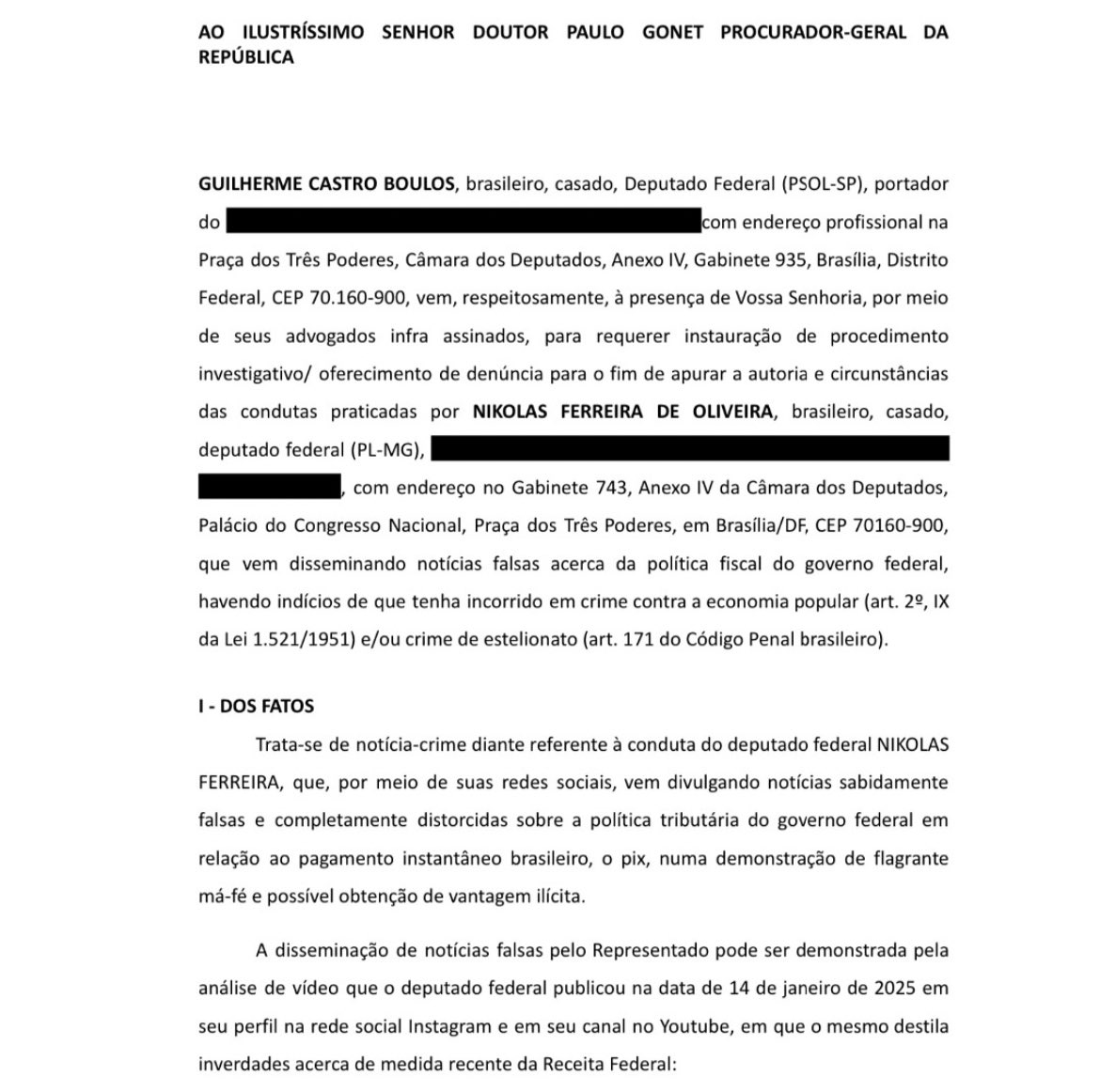 GuilhermeBoulos's tweet photo. ✅ Ação contra Nikolas Ferreira por Fake News devidamente protocolada para o Procurador Geral da República. Logo mais o Oficial de Justiça fará o famoso TOC, TOC, TOC… https://t.co/LlBb3uNrPf