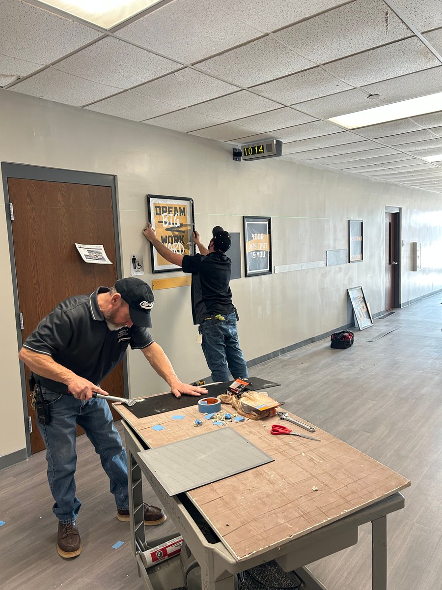 Our facilities team is hard at work putting the finishing touches on the renovated locker room hallway at Clarksville High School! 🙌 We’re so grateful for all they do to make our school better every day. 
🖤🤍💛
#Grateful #YourCommunitySchools #RenovationUpdate