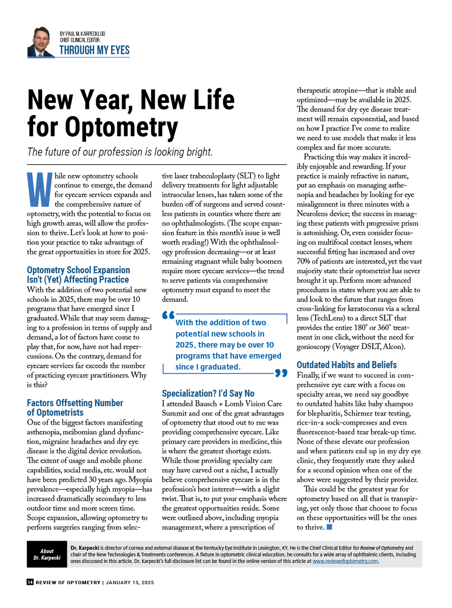 revoptom's tweet photo. This month, Paul Karpecki, OD, talks about how optometrists can position their practices to take advantage of the great opportunities in store for 2025. Read here: https://t.co/4mX9jVJPAU
#optometry #optometrist #eyecare #eyedoctor #optometrystudent #optometryschool https://t.co/CMhvL3Kxei