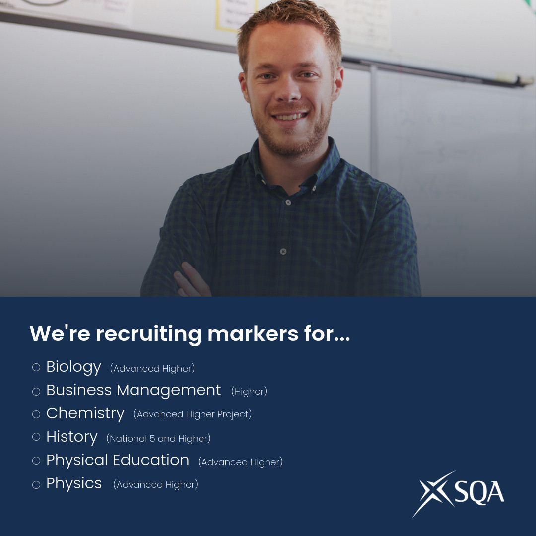 We’re recruiting markers for the National 5, Higher and Advanced Higher exams this summer. We’re especially keen to hear from people who can support with these qualifications. ⬇️

Find all the details and apply: info.sqa.org.uk/SQA-marker